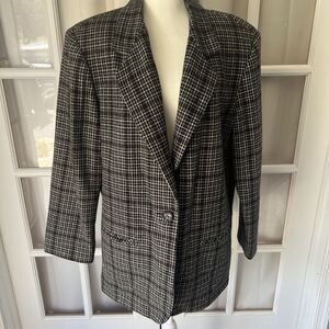 Sag Harbor Women's Blazer Black Plaid Wool Blend One Button Lined White Size 16